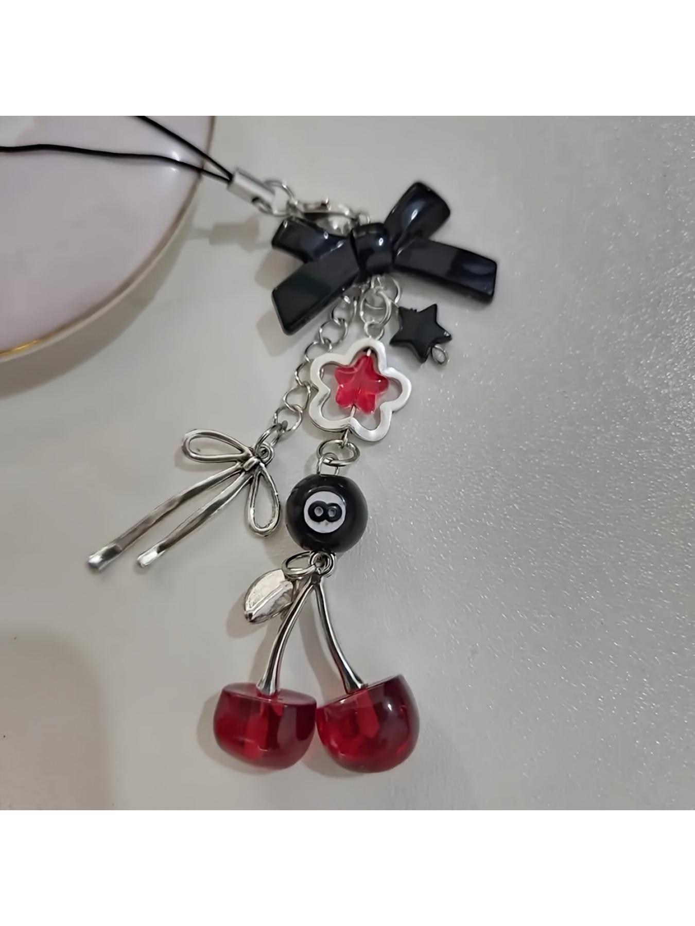 A Y2K Red Cherry Phone Strap with a Bow - Features Colorful Resin Decorative Pendants, Suitable for Phone Straps, Headphone Charms, And Other Cherry-Themed Items