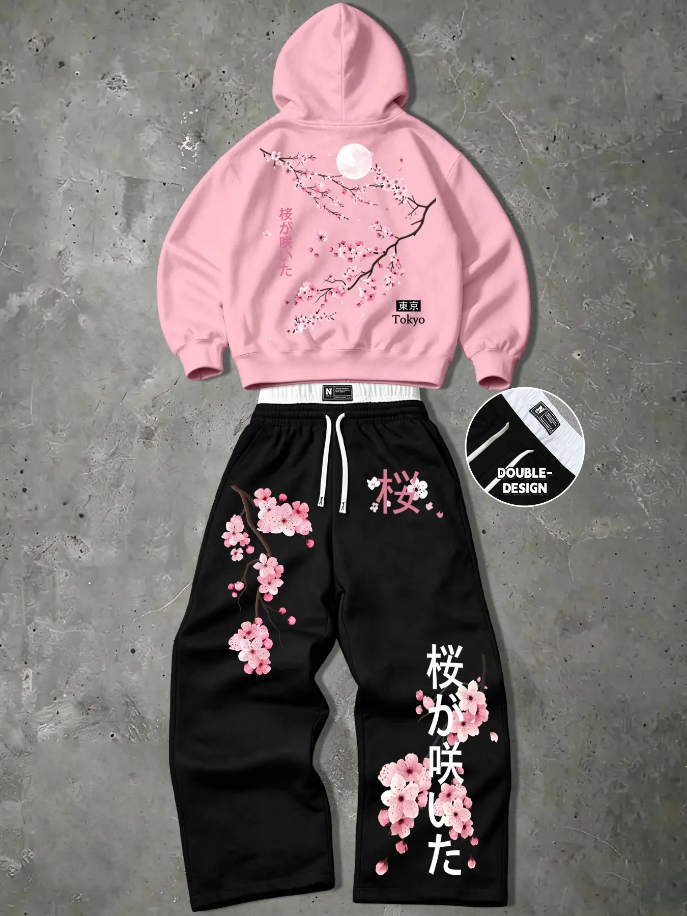 Men's Japanese Style Cherry Blossom Print 2-Piece Set, Casual Long Sleeve Sweatshirt & Wide Leg Pants, Perfect for Daily Wear & Gifts