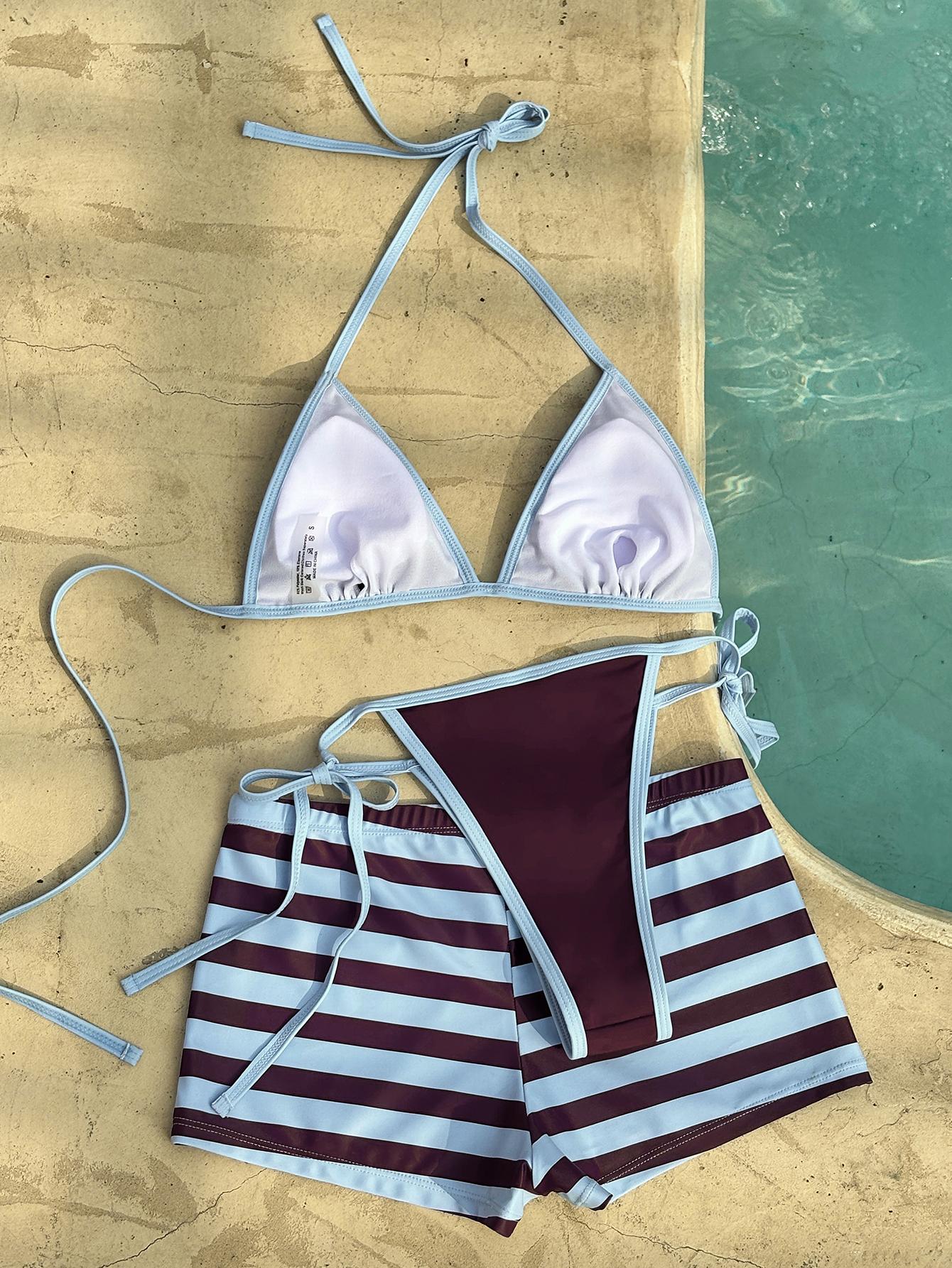 Blue & Brown Striped 3-Piece Bikini Set with Swim Shorts, Women's Retro Color Block Swimsuit for Beach & Pool