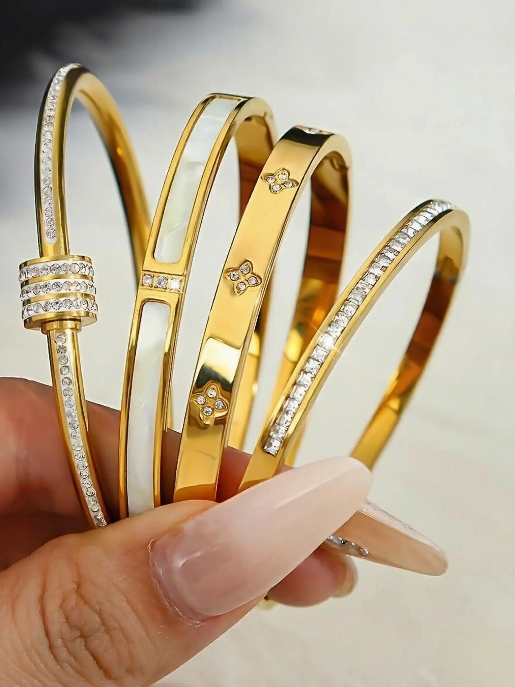 4-Piece Stainless Steel Bangle Bracelet Set for Women, & Silver Color, Waterproof, Hypoallergenic, Perfect for All Seasons