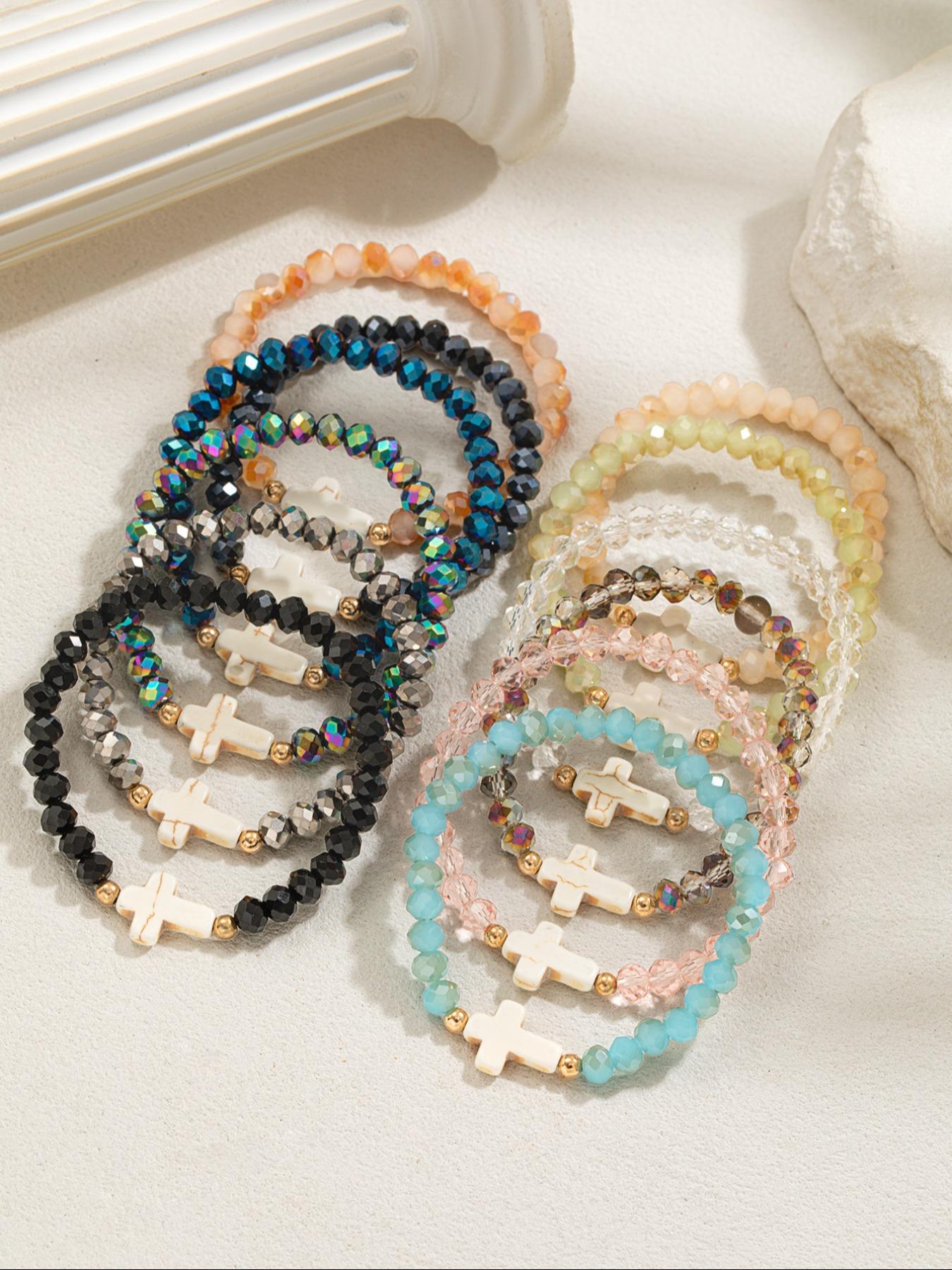 12 Piece Fashion Vintage Colorful Artificial Crystal and Turquoise Beaded Cross Pendant Multi-Layer Stackable Bracelet Set, Unisex Bracelets, Stacking Bracelet, Dainty Crystal Bracelet, Stacked Design Bracelets