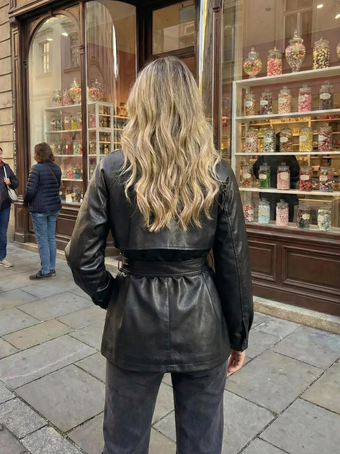 Elegant Belted Waist Long Sleeve Leather Jacket for Women, Fall Winter Loose Fit Casual Double-Breasted Windbreaker, Trendy Outerwear