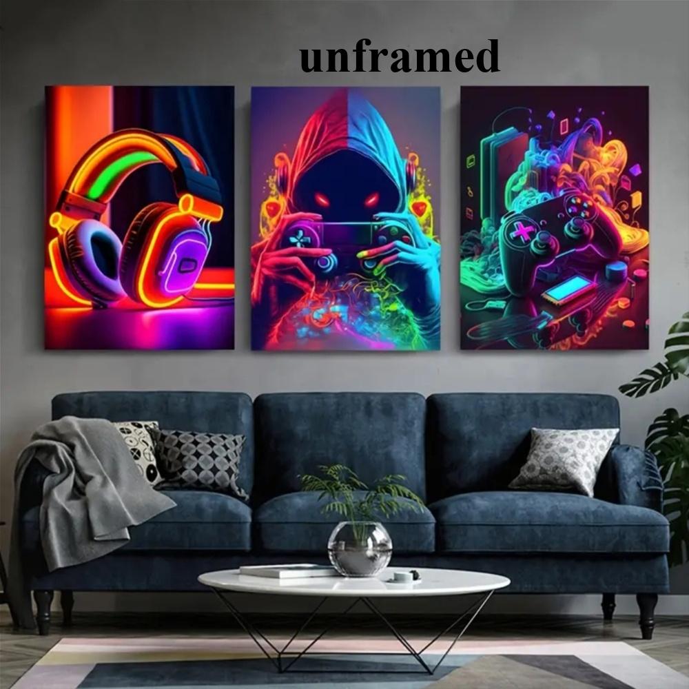 3-Piece Optional Wooden Frame Punk Style Gamepad Gaming Room Theme Art Poster Waterproof Premium Thick Canvas High Saturation Accurate Contrast Boys Room Decor
