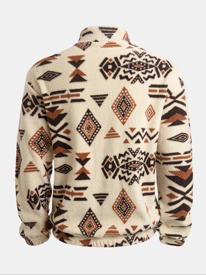 Men's Flannel Ethnic Print Hoodie, High Neck Half-Zip Pullover with Pocket, Warm Autumn Winter Casual Sportswear