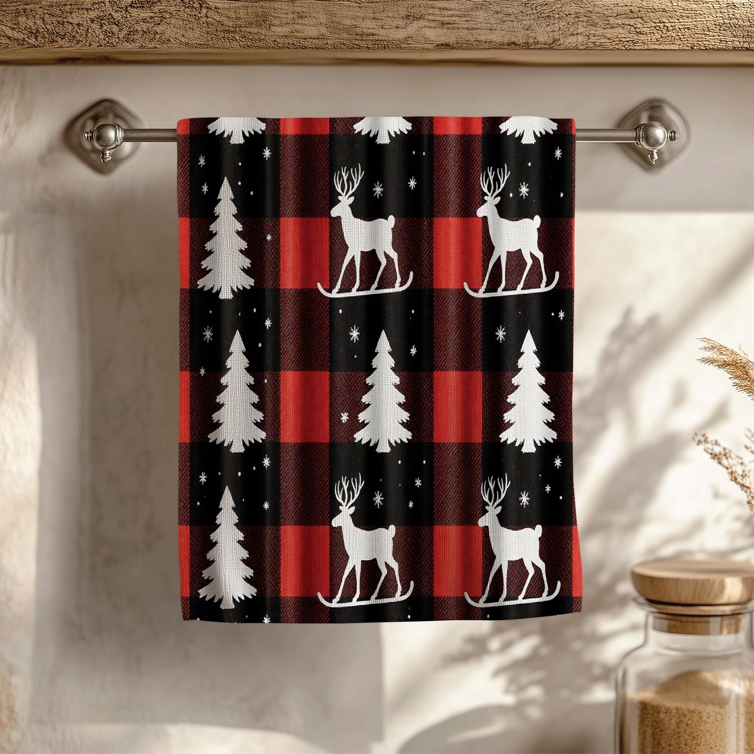 1Pc Christmas themed Buffalo check Fabric with Trees and Reindeer Bathroom Hand Towel Bath Towel, Multiple Size Microfiber Towel, Ultra-Soft Quick Dry and Absorbent Polyester Large Bath Towel, Kitchen Towels, Festiv
