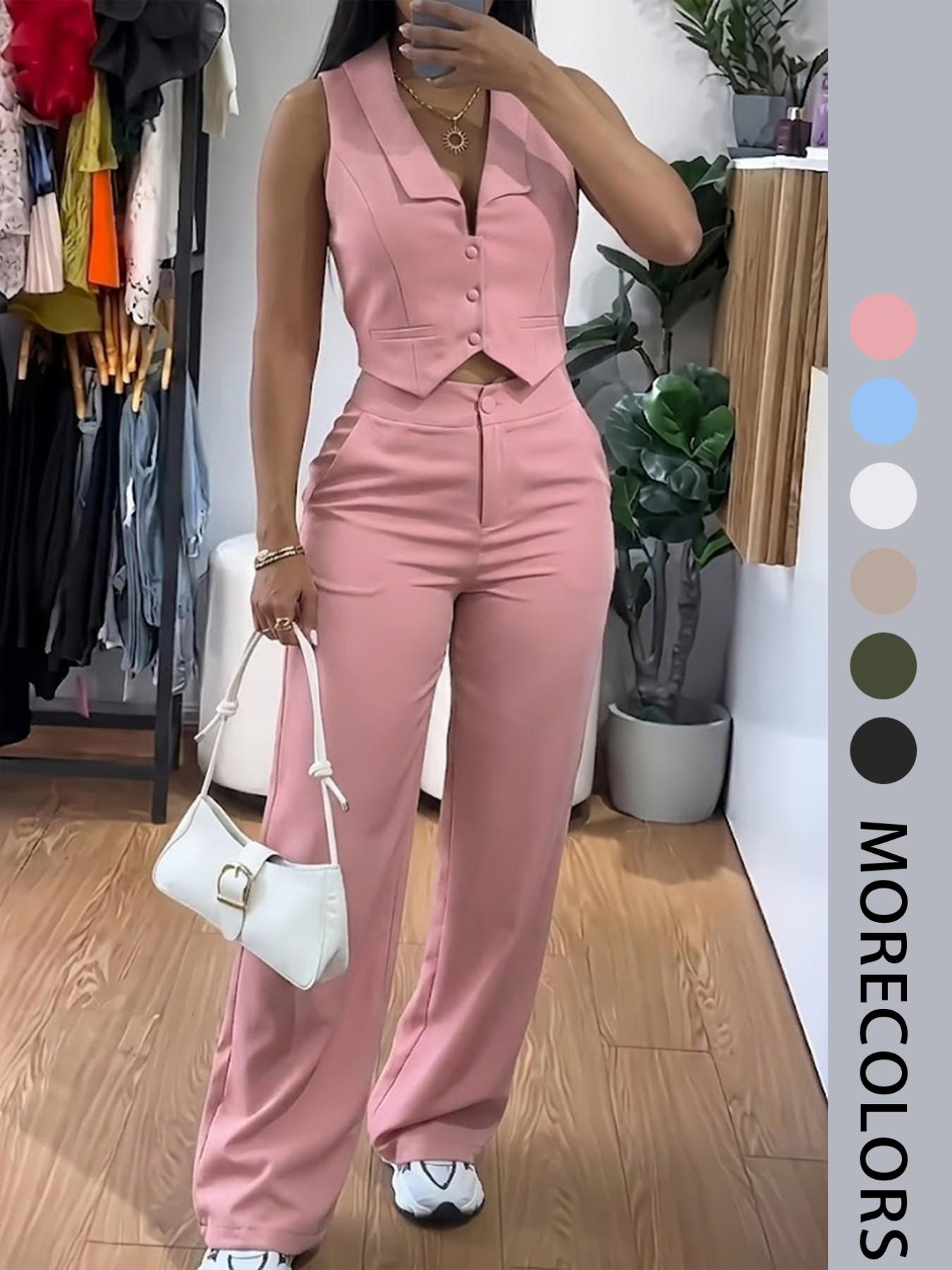 Women's Two-Piece Set, Sleeveless Waist-Cropped Vest and Wide-Leg Pants, Casual Loose-Fit Solid Pattern, All-Season Outer Vest