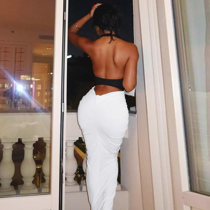 Women Summer Sexy Party Club Evening Halter Colorblock Backless Bodycon Long Dress Bodycon Dresses