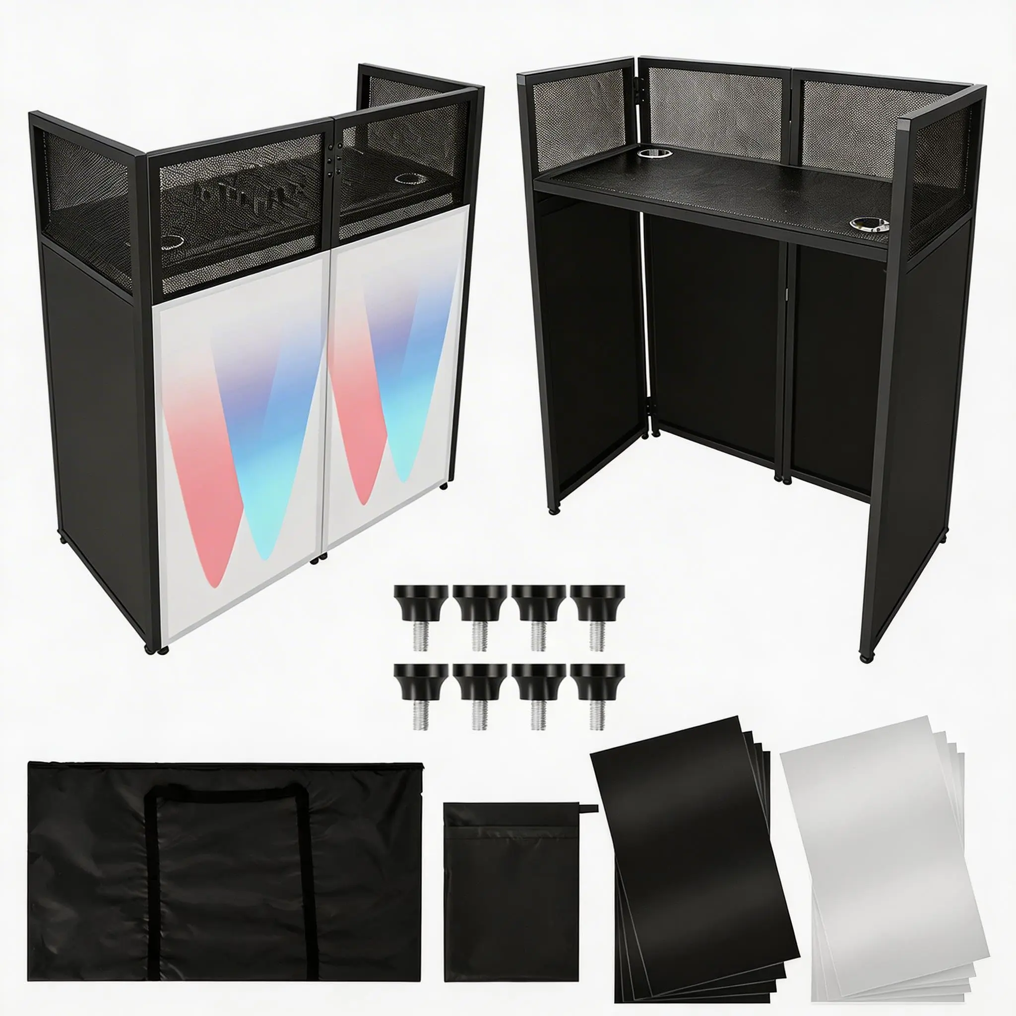 Portable DJ Facade Booth – Foldable Metal Frame DJ Table Stand with White & Black Scrim and Adjustable Feet for Parties & Events