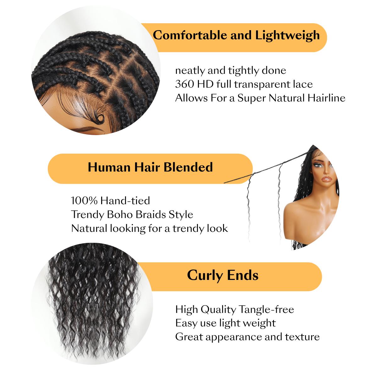 【Human Hair Blend】Sunber Full Lace Boho Braided Wigs With Human Hair Curly Ends 34“ Pre Cut Lace Knotless Box Braid Wigs Island Twist Hairstyle Beginner Friendly SpringStatements