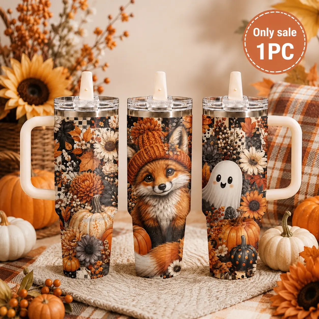 Cute Fox Halloween Tumbler 40oz with Handle & Straw, Ghost Pumpkin Autumn Floral Design Vacuum Insulated Stainless Steel Travel Mug, Leakproof Cup Fits Car Cup Holder, Fall Gift