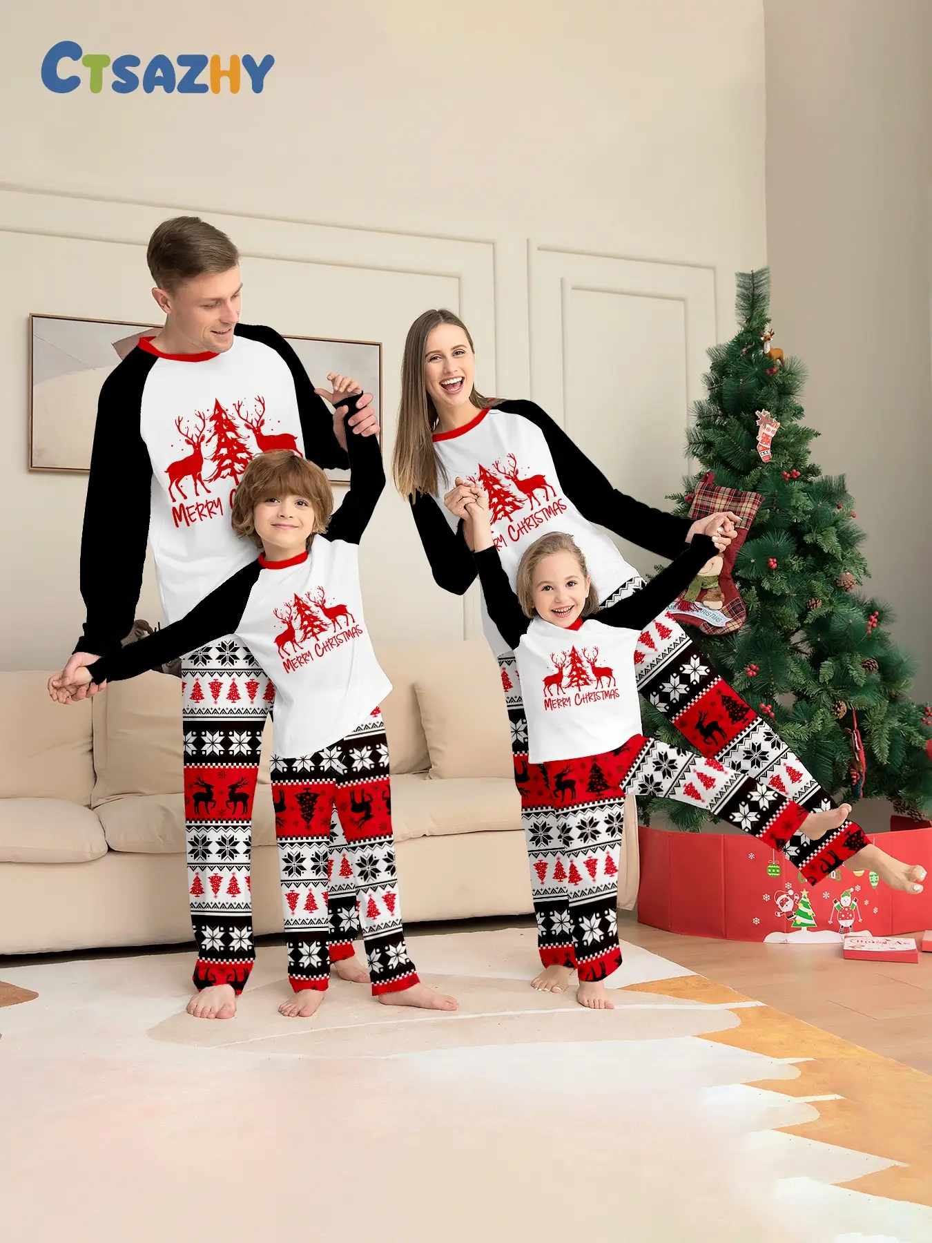 Christmas Red Black Plaid Raglan Matching Family Pajamas, Soft Color Block Loungewear for Adults, Kids, Couples & Family of 3/4