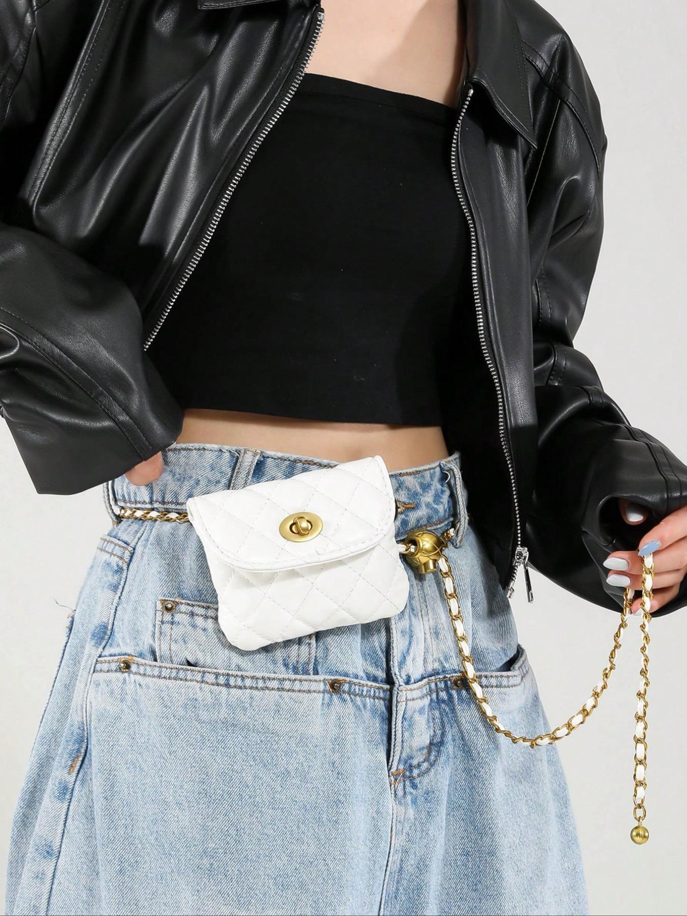 Women's Elegant  Quilted Design Chain Belt Bag,  Style Fashionable Pu Leather Fanny Pack for Daily Used, Casual Trendy Versatile High-quality Daily Commuting Bag