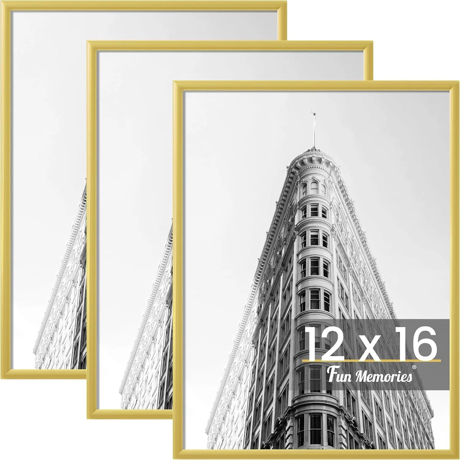 12x16 Poster Frame 3 Pack - Scratch Proof Picture Frame for Photos, Posters, Art Prints | Horizontal or Vertical Wall Mounting | Gold