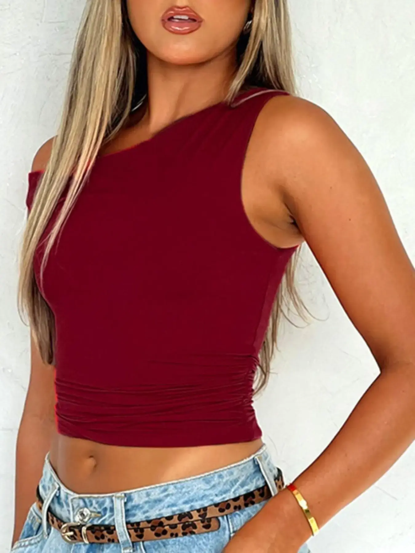 Women's Basic Plain Asymmetrical Neck Ruched Sleeveless Tank Top, Casual Chic Sleeveless Slim-fitting Top for Summer, Women's Clothing for Daily Wear, Sleeveless Everyday