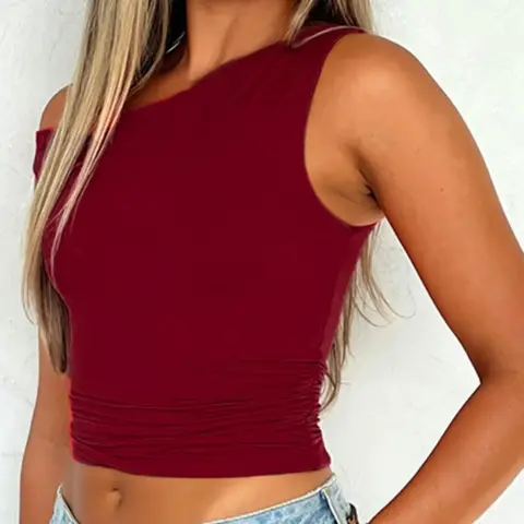 Women's Fashion Plain Casual Tank Top, Slim-Fitting Ruched Design, Versatile Daily Wear, Y24tp233 Batch Number, Unlined Plain Surface