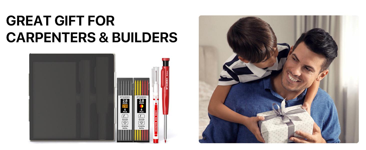 STAGEEK Carpenter Pencils Set with Case, 3PCS Mechanical Carpenter Pencils with 39 Refills, Heavy Duty Construction Pencil with Sharpener, Deep Hole Long Nib Marker Pens for Architect Marking