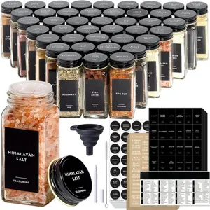 24Pack Spice Jars with 455 Black Vinyl Spice Labels, Shaker Lids, Airtight Black Metal Caps, Cleaning Brush & Collapsible Silicone Funnel Set - Glass