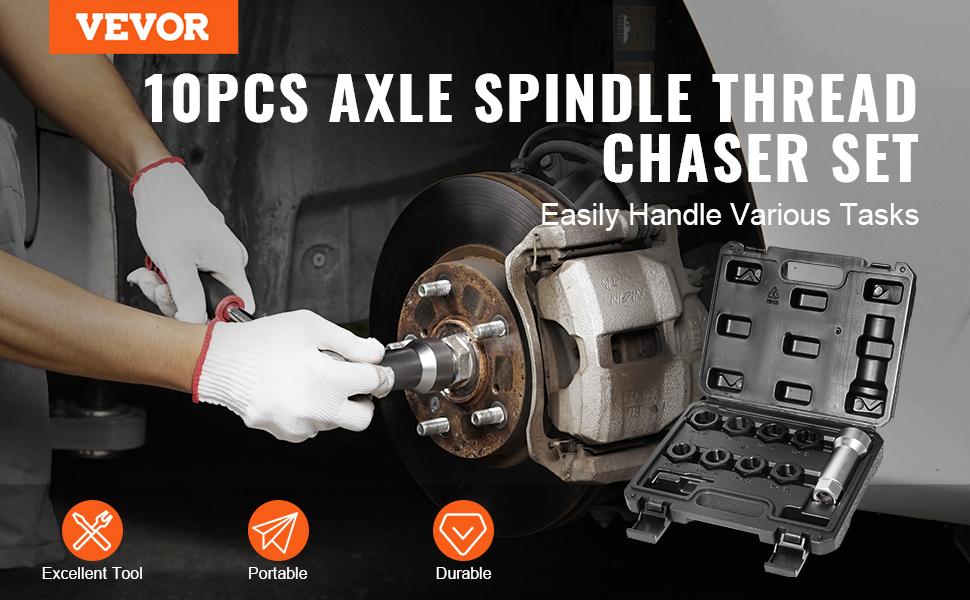 VEVOR 10-Piece Axle Spindle Thread Chaser Set, Metric M20 M22 M24 and UNF 13/16 3/4 Thread Restorer Tool, Rethreading Tool Kit with Extension Bar, Hex Wrench, Storage Case, for Damaged Axle Spindles