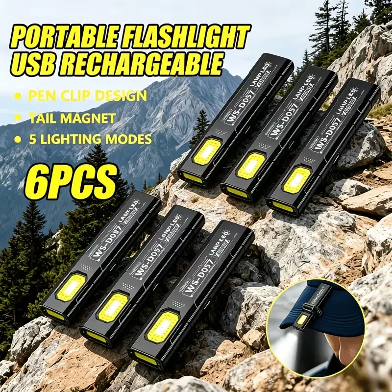 EverydayLumen 6PCS Unisex Mini Rechargeable Handheld Flashlight - Hiking Gear Keychain Light with LED Clip, Hat Clip, Power Display, Magnetic Base