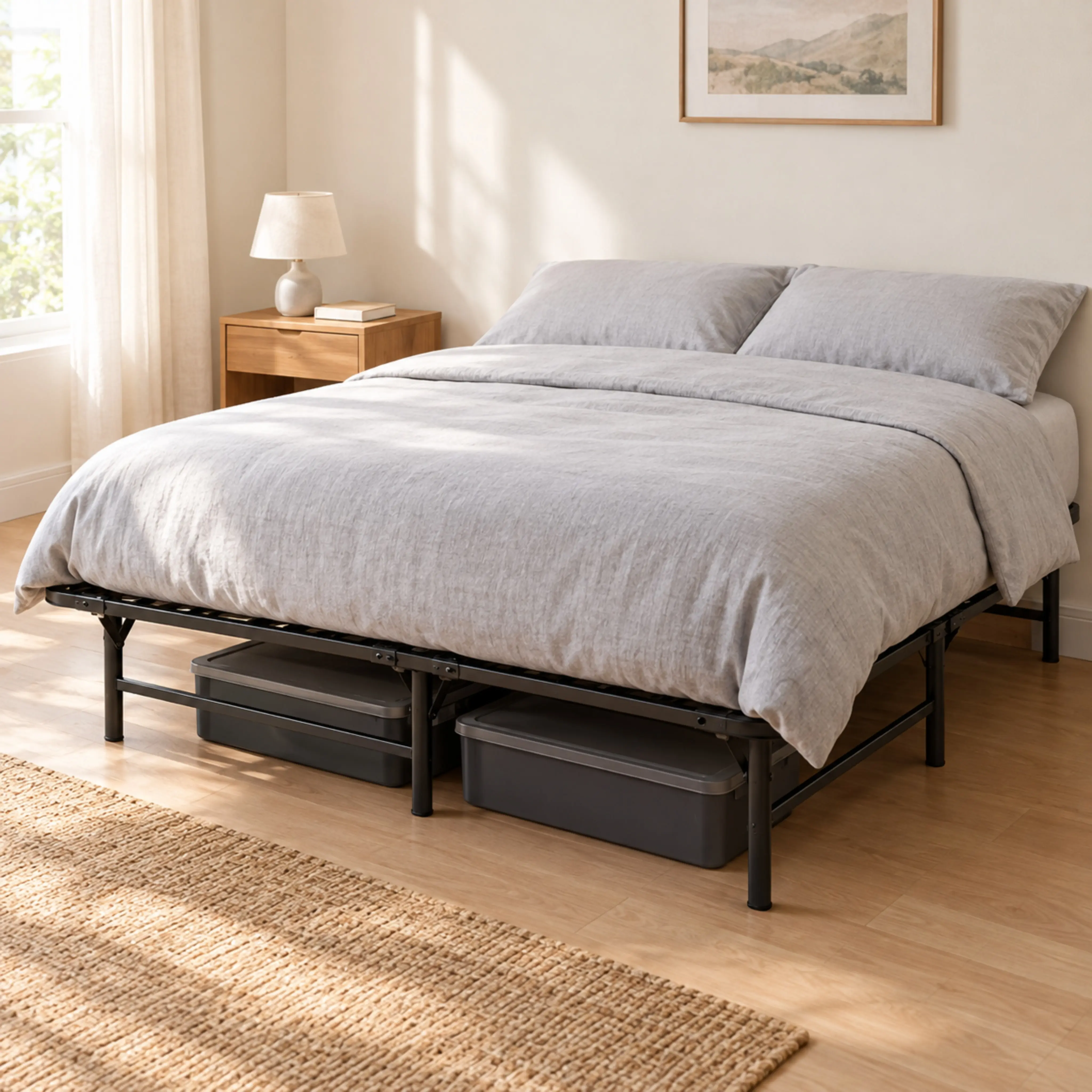 Aardhen Double Size Folding Metal Platform Bed Frame - Black Heavy-Duty Steel Furniture, 14 In Height with 12-in Under-Bed Storage, 14inch-twin/Twin XL Compatible, Modern Space-Saving, No Box Spring Needed, 1 Pack