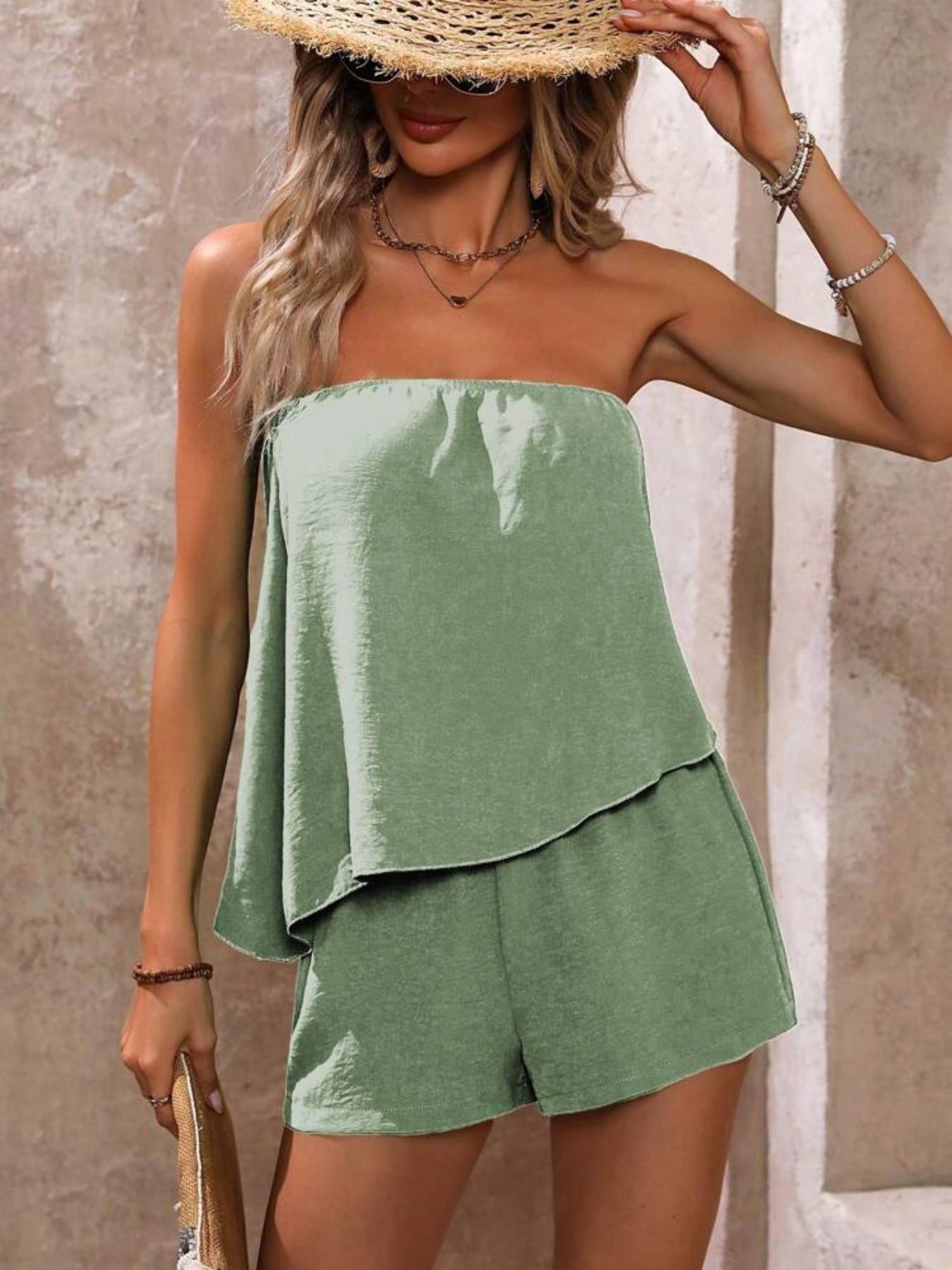 Women's Solid Color Tube Top & Shorts Matching Set, Elegant Fashion Casual Top & Shorts for Daily Outdoor Wear, Ladies Summer Clothes