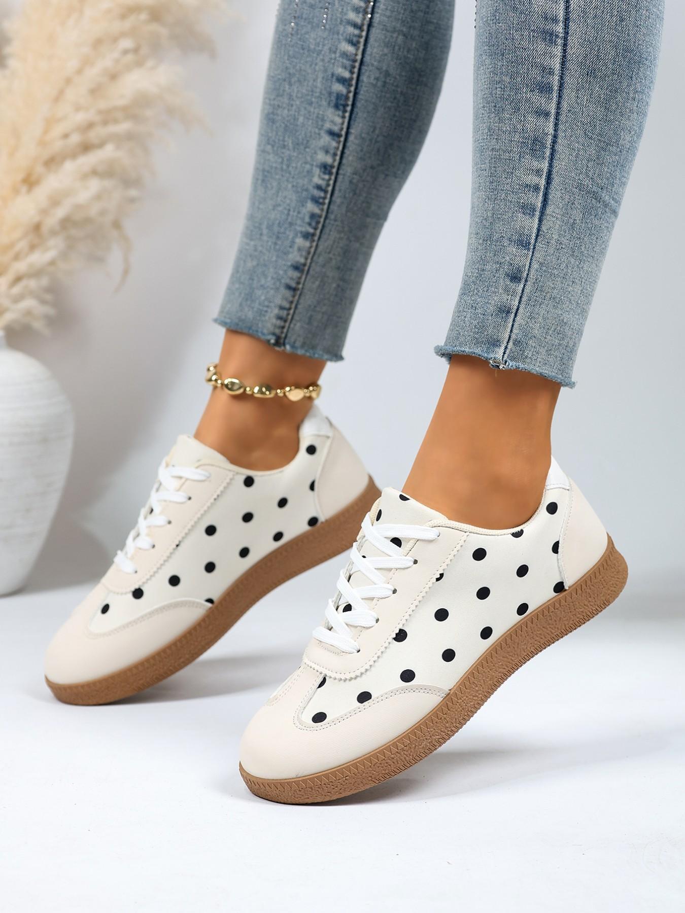 Women's Polka Dot Print Casual Board Shoes, Low Ankle Trainers, Vintage Soft Rubber Sole Lace-Up Athletic Sports Shoes, Everyday Versatile Flat Sneakers, Trending Sneakers, Walking Shoes