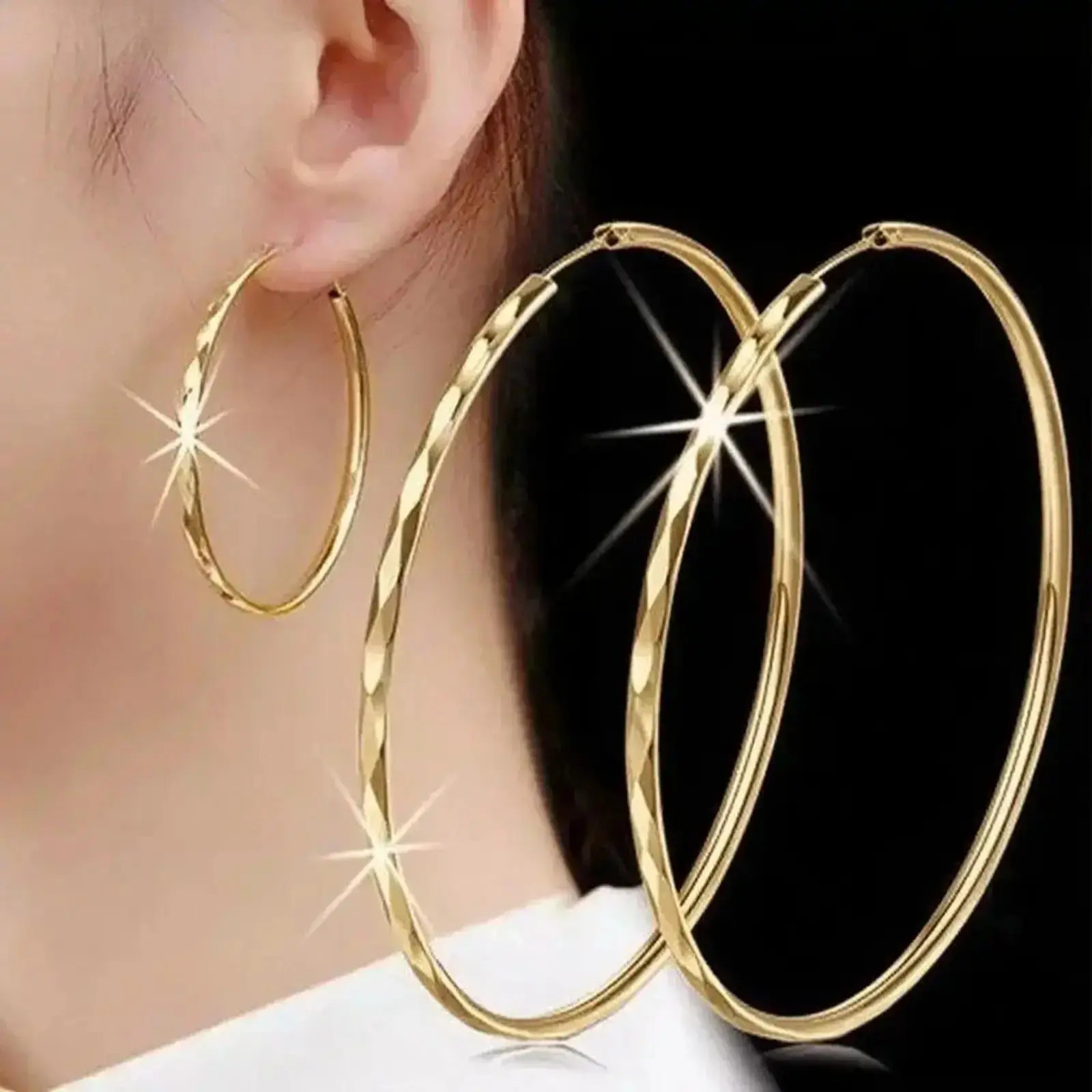 18K Gold Plated Hoop Earrings Minimalist Textured Round Hypoallergenic Tarnish Resistant Ear Jewelry Elegant Daily Wear Trendy Women Holiday Gift