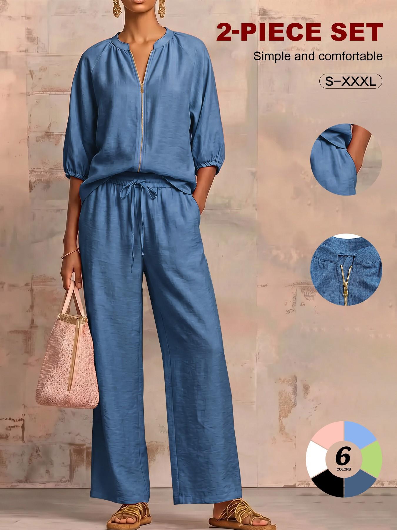 2026 Summer French Stand Collar Zipper Linen Feel Loungewear Set, Spring Fall Three-Quarter Sleeve Top + High Waist Wide Leg  Pants Casual