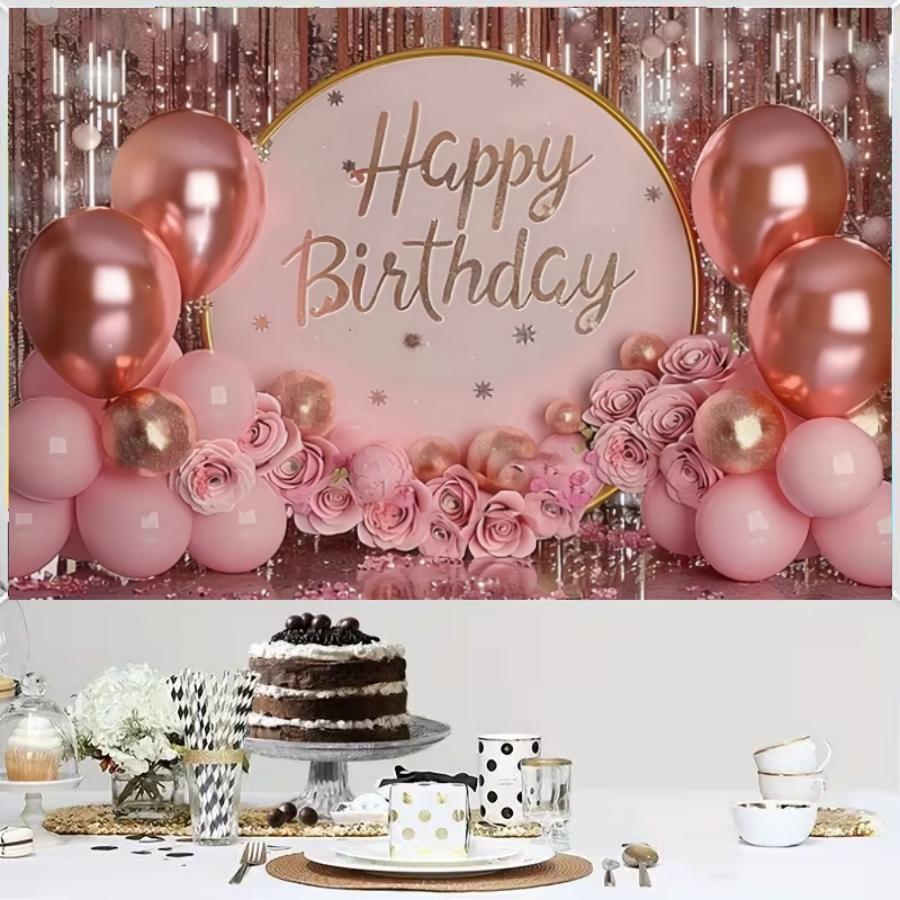 Pink birthday party backdrop banner with pink balloons and gift box elements. Made of polyester,suitable for living rooms, bedrooms, offices, birthdays, anniversaries, home décor, outdoor and indoor parties, photography backdrops, birthday party supplies