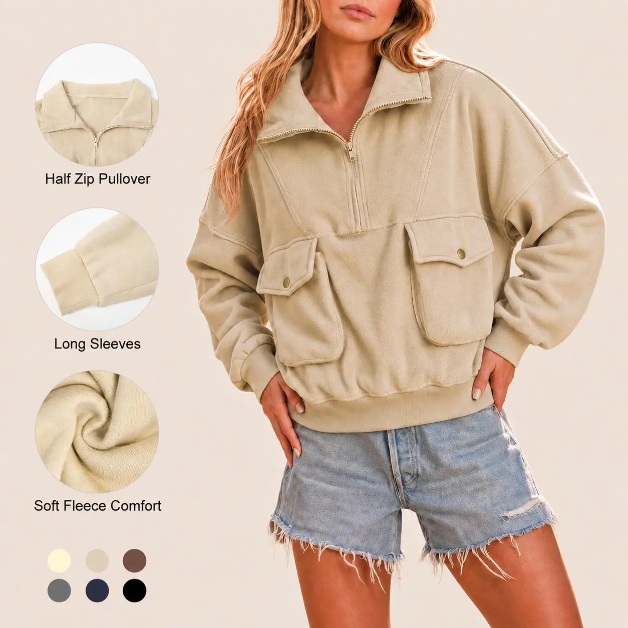 Imily Bela Half Zip Cropped Fleece Sweatshirt Women Long Sleeve Pocket Pullover Casual Fall Warm Top
