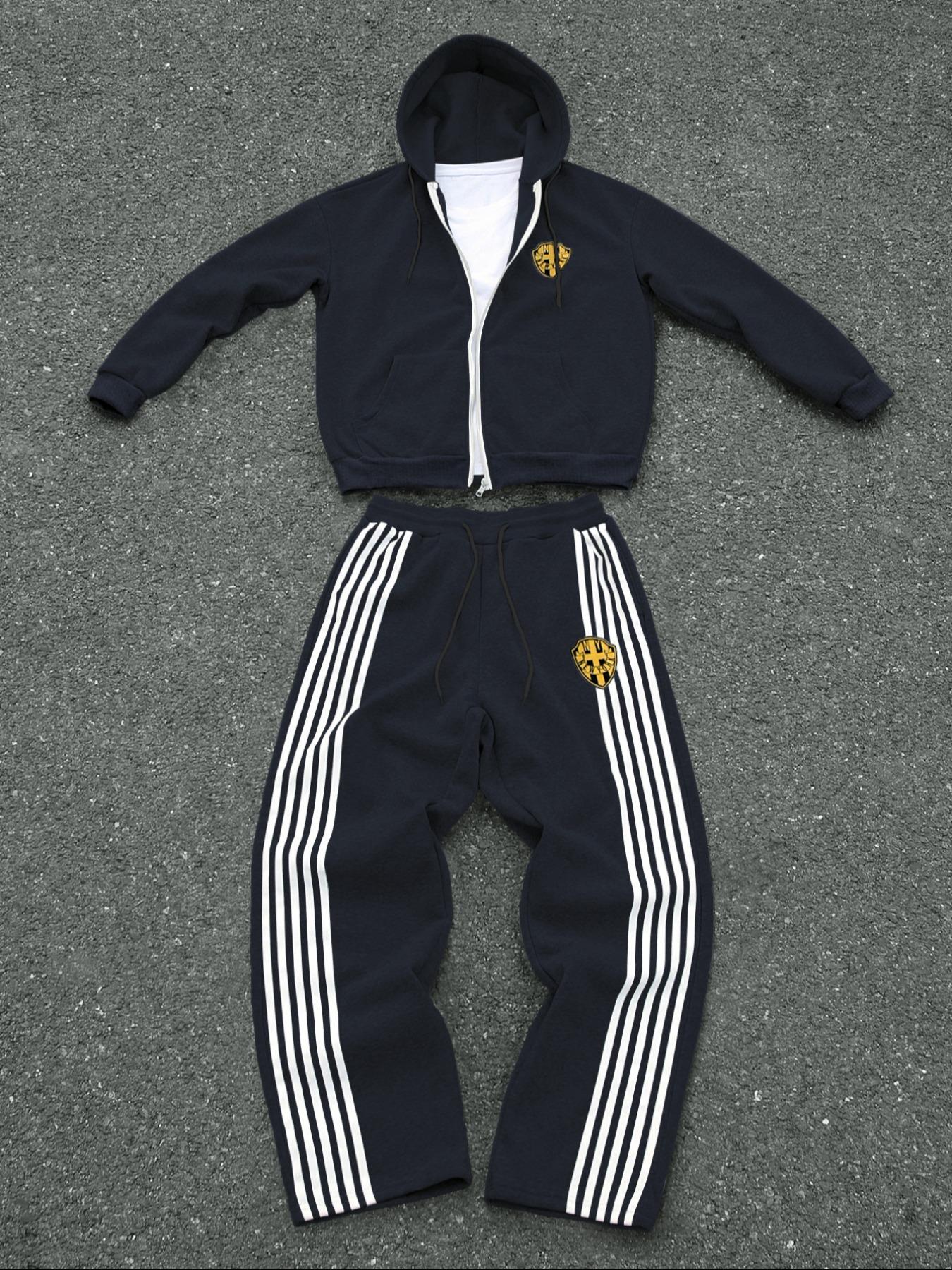 Men's Sportswear Set, Full Zip Hoodie & Drawstring Sweatpants, Fleece Lined, Casual Jogging, Fall Winter Long Sleeve Top,Winter outfits, Athletic Activewear Tracksuits