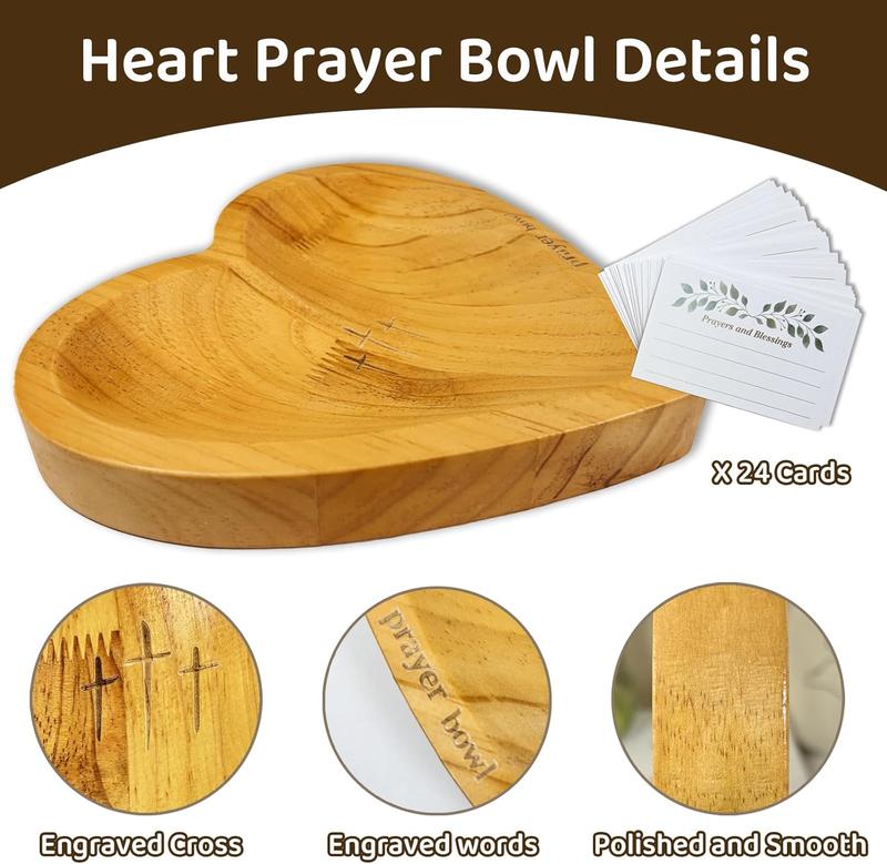 Christian Gifts for Women - Wooden Heart Prayer Bowls Dough Bowl Plates Decor for Table Centerpieces Home Party Wedding Décor with 24 Cards, Canvas Bag, Cross Necklace Mothers Day Gifts Religious Handcrafted vintage