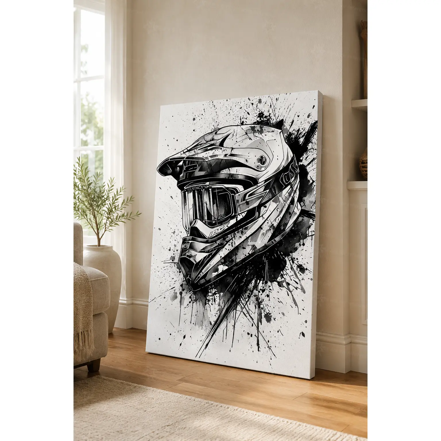 Unique Motorcycle Helmet Canvas Art Print, Black & White Off-Road Bike Wall Decor for Living Room, Bedroom, Office, Bar - Waterproof, Creative Gift Idea, Perfect for Room Decor,Halloween Christmas Decor