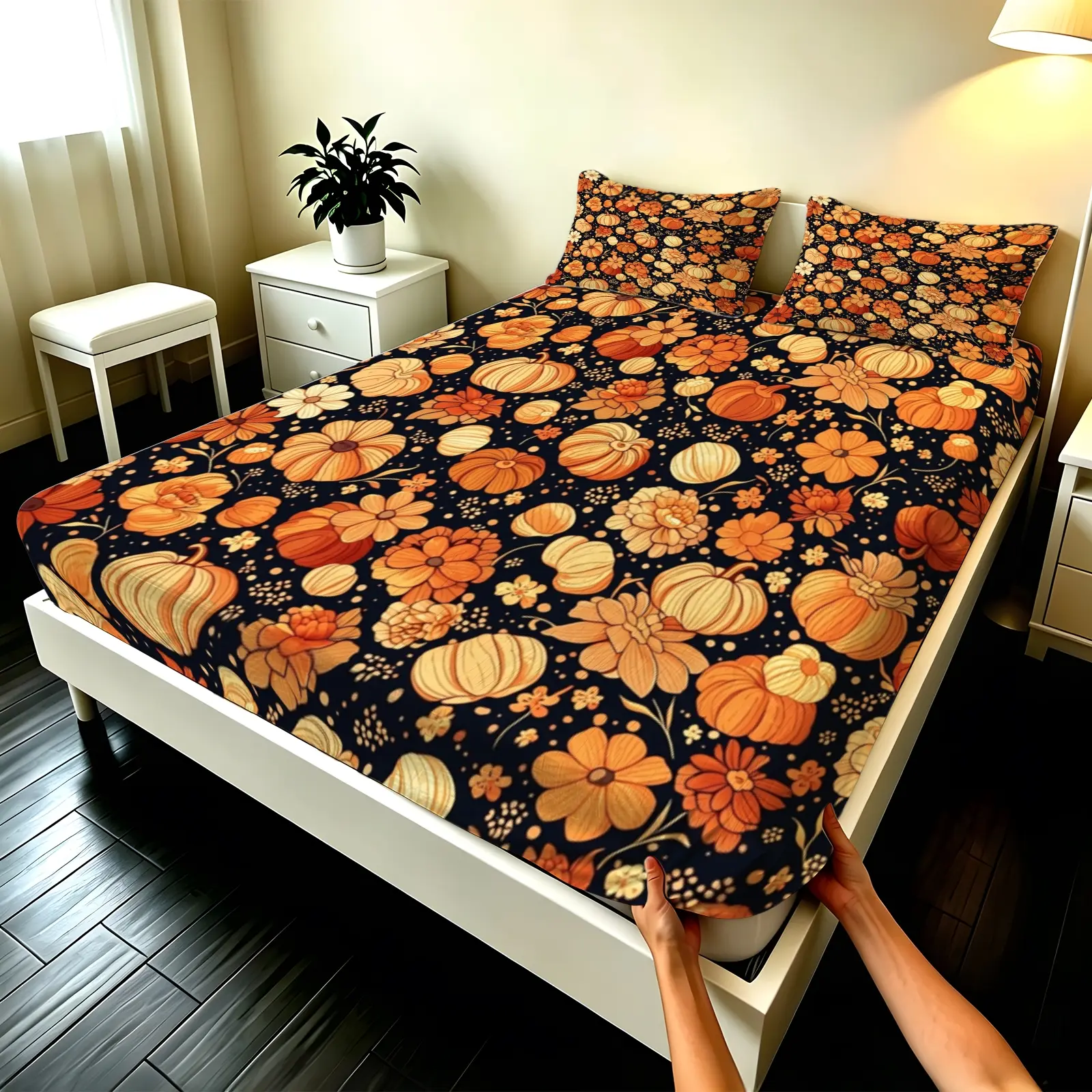 3pcs Fitted sheet Fall Harvest Pumpkin Floral Pattern Soft Microfiber Bedding Set, Deep Pocket, Wrinkle Resistant, Fade Proof, Breathable, Suitable for Bedroom Hotel Home, Twin Full Queen King Size Available, Floral Bedsheets