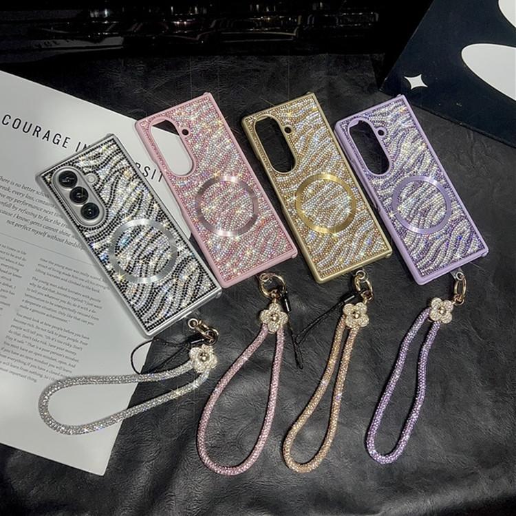 Compatible with Z Fold7/Z Fold6/Z Fold5/Z Fold4/Z Fold3 | Rhinestone Magnetic Lanyard Full Wrap Shockproof Large Fold Phone Case HNZ0483