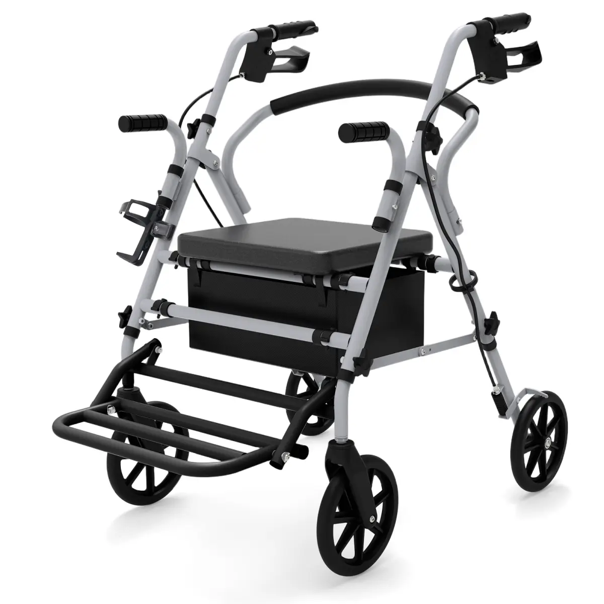2-in-1 Lightweight Rollator Walker Wheelchair Combo for Elderly, Foldable 4 Wheel Rollator with 8 Inch Wheels, Memory Foam Seat and Footrests, Portable Senior Walking Aid
