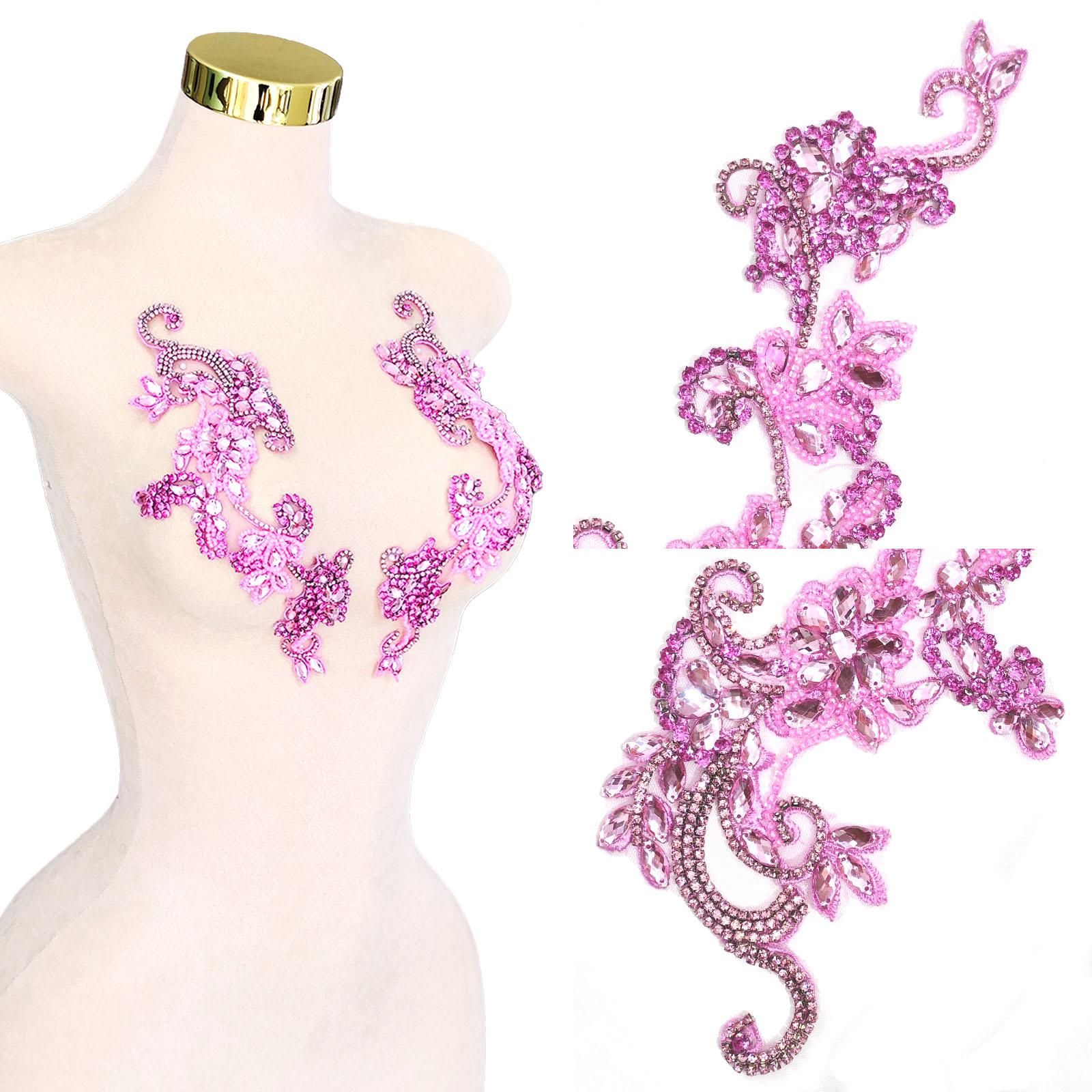 Handmade Pink Crystal Beaded Applique Floral Rhinestone Patch Pair for Dress Decoration Bridal Gowns DIY Embellishment