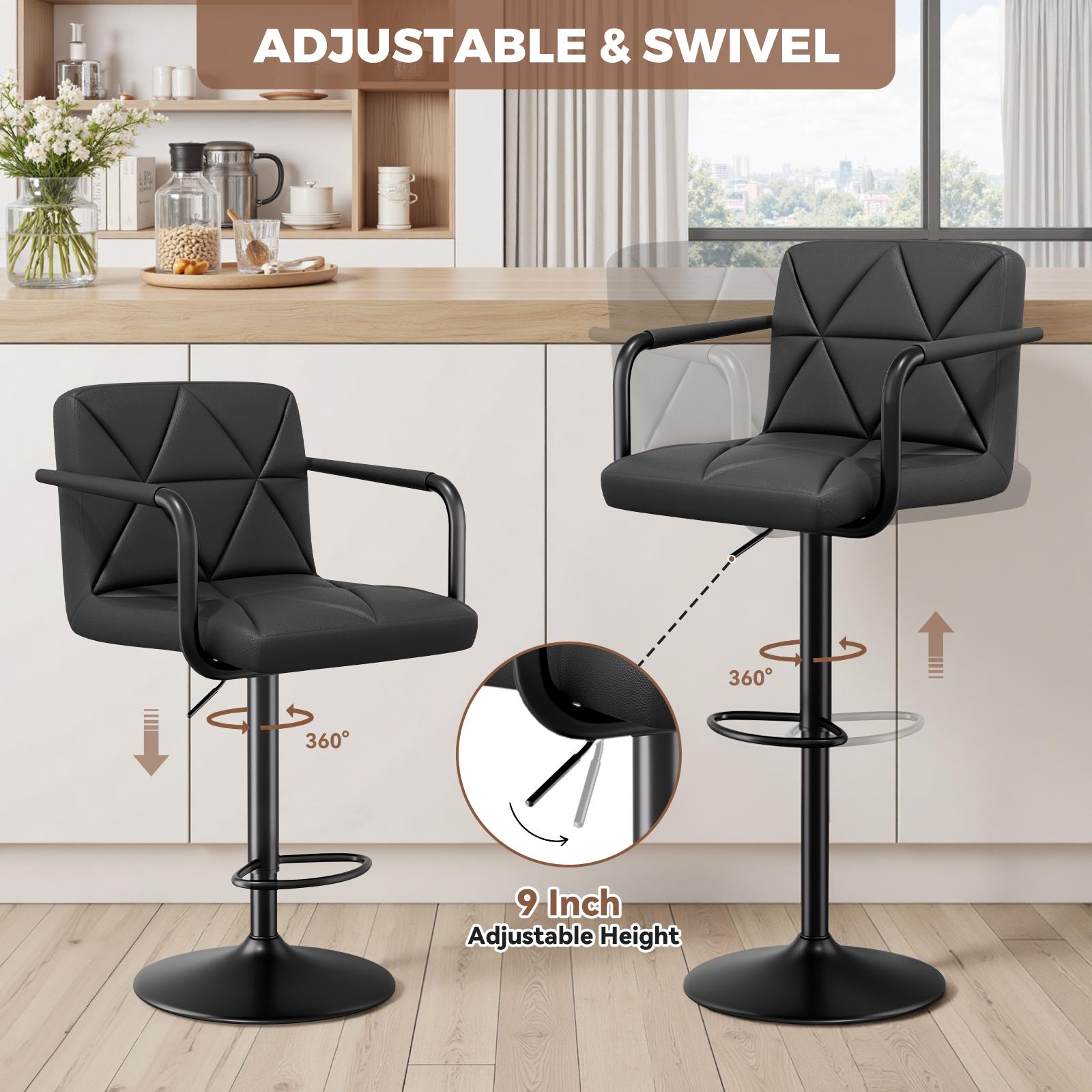 Set of 2 Barstools, Adjustable Height 25.5-34.5 IN with Back & Arms, Swivel PU Leather Upholstered Counter Height Bar Chairs Set of 2 Barstools, Adjustable Height 25.5-34.5 IN with Back & Arms, Swivel PU Leather Upholstered Counter Height Bar Chairs