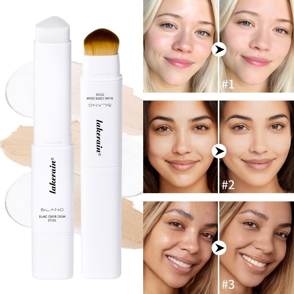 Lakerain Blanc Color-Changing Tinted Foundation Stick, Dual-Ended Base Makeup Stick with Brush, Waterproof & Sweatproof, Buildable Coverage (Medium to Full), 5 Shades for All Skin Tones