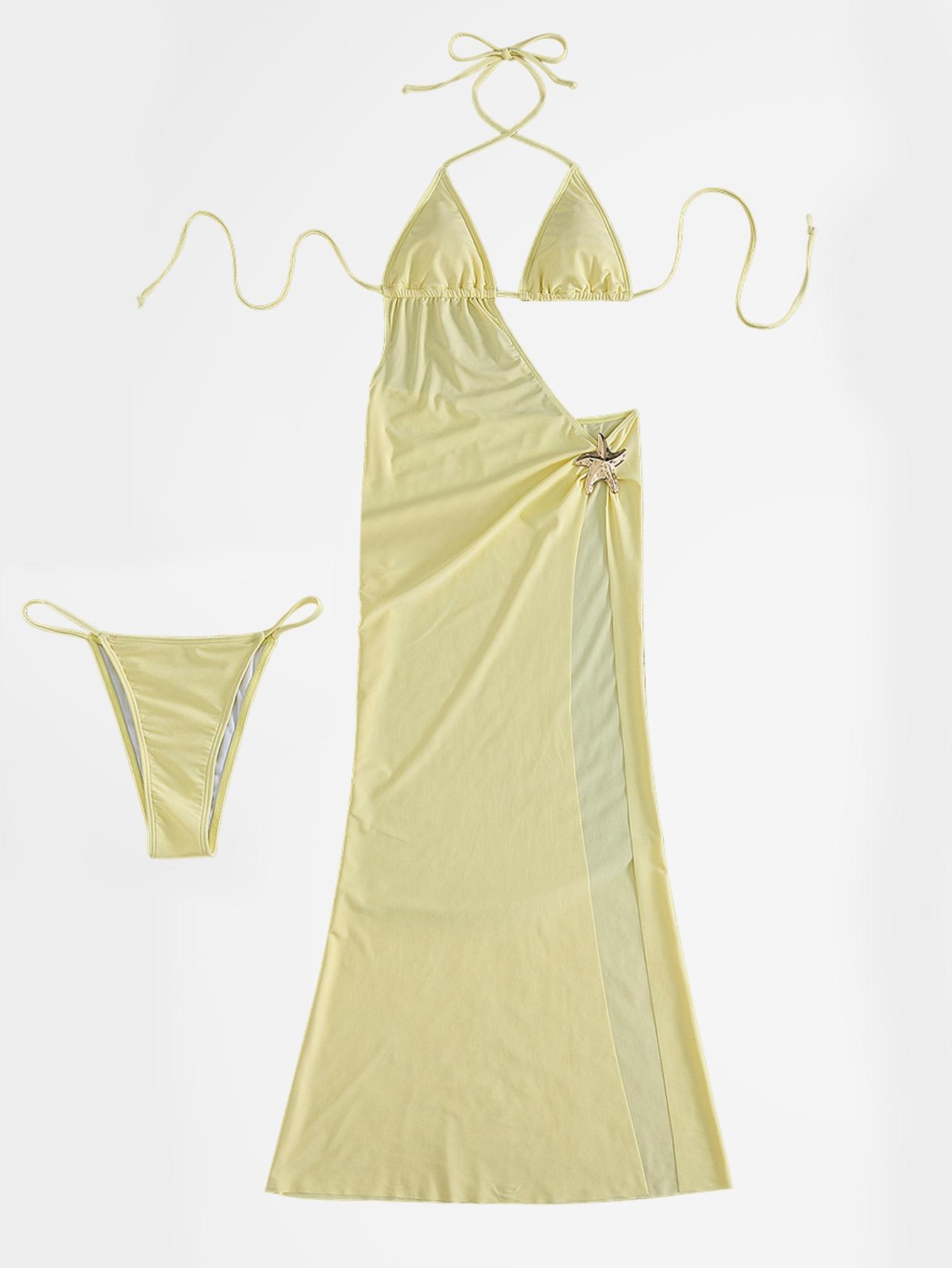 Women's Black One-Shoulder Sleeveless High Slit Maxi Dress with Gold Starfish Metal Accent - Side Cutout Sexy Party Dress for Nightclub, Beach Vacation, Festival Rave