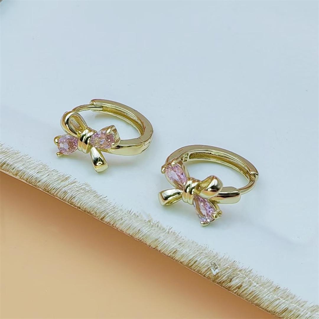 14K Gold Plated Copper Bow Stud Earrings With Zircon Elegant Versatile Jewelry For Women Daily Wear