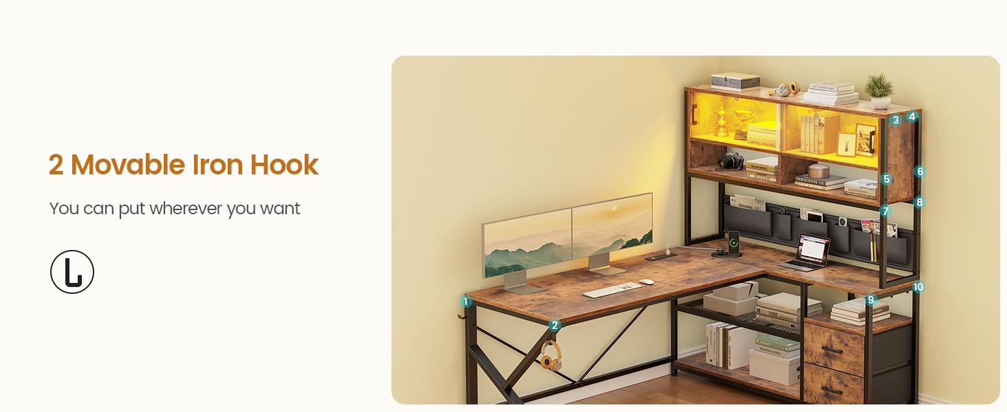 Sedeta L-shaped Computer Desk Home Office with 2 Drawers & Hutch Game Table LED Lights Glass Cabinet Storage Pockets Gaming Keyboard Wood Workstation