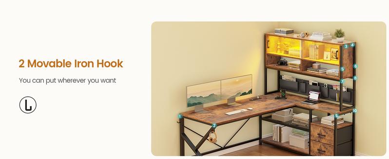 Sedeta L-shaped Computer Desk Home Office with 2 Drawers & Hutch Game Table LED Lights Glass Cabinet Storage Pockets Gaming Keyboard Wood Workstation