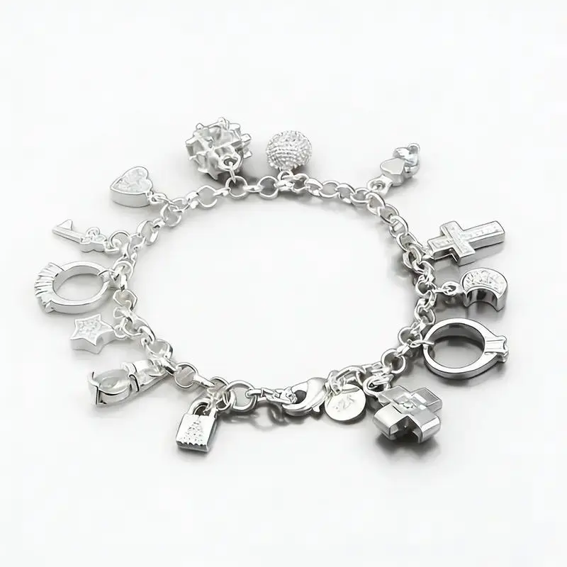 Women S925 Silver Bracelet With Thirteen Hanging Charms, Delicate Handcrafted Bangle Jewelry, Adjustable Chain Design, Timeless Elegant Wrist Ornament For Daily Styling And Thoughtful Gift Giving On Special Occasions .sohochic