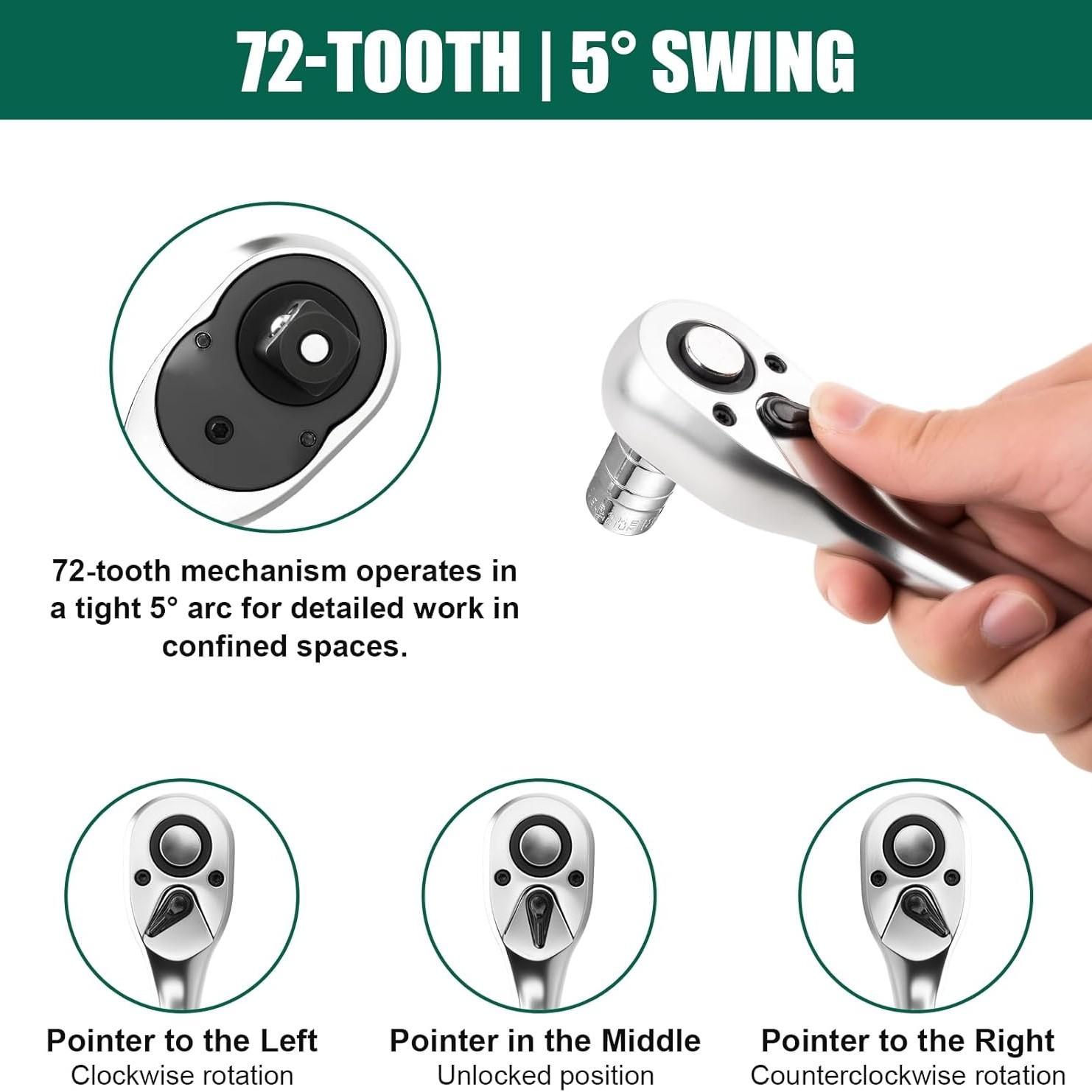 72-Tooth Quick Release Ratchet，1/4" 3/8" 1/2" Drive Socket Wrench, Reversible Ratchet Wrench , Professional Hand Tool for Automotive Repair and Mechanics Use