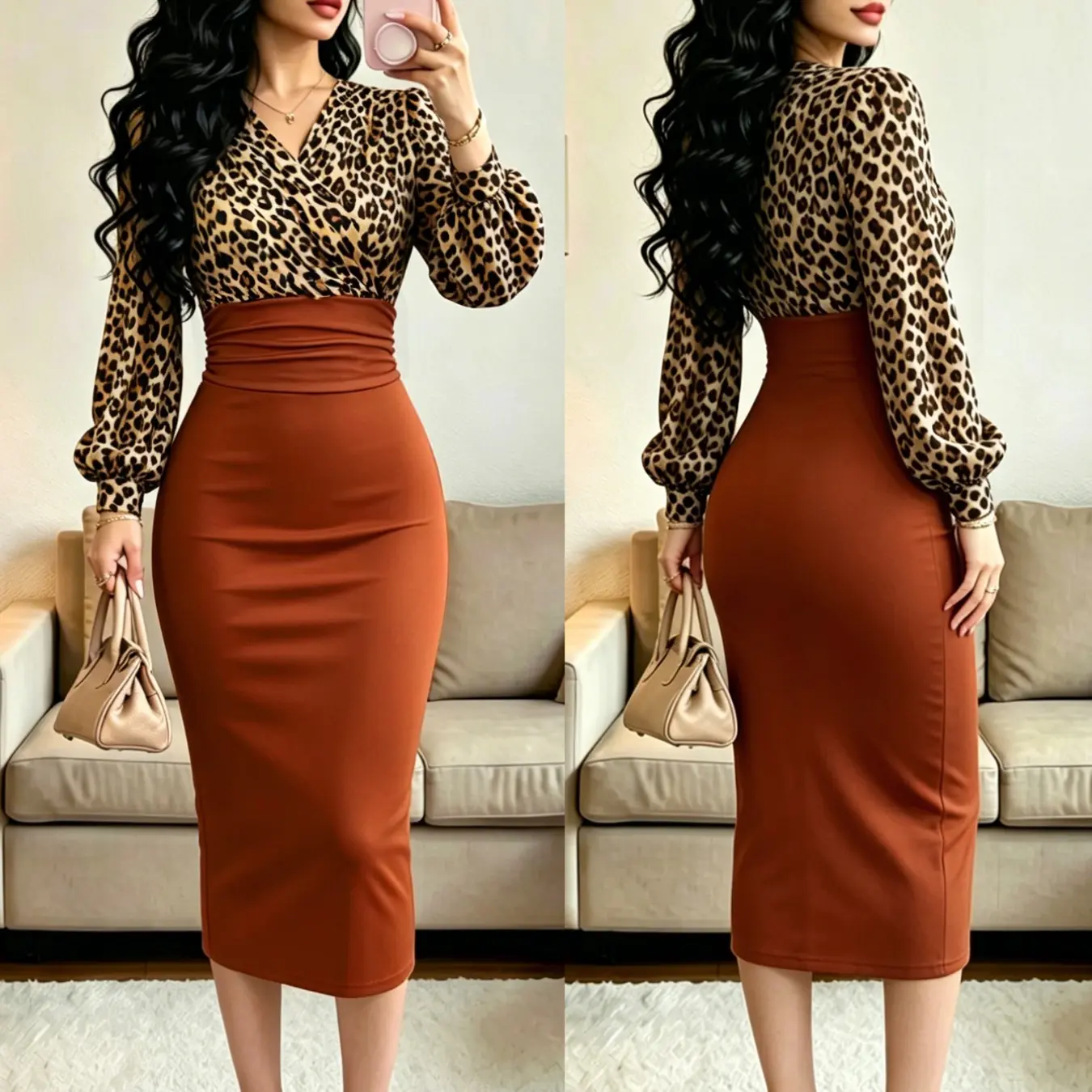Elegant V-Neck Long Sleeve Midi Dress, Formal, Leopard Print Patchwork ...