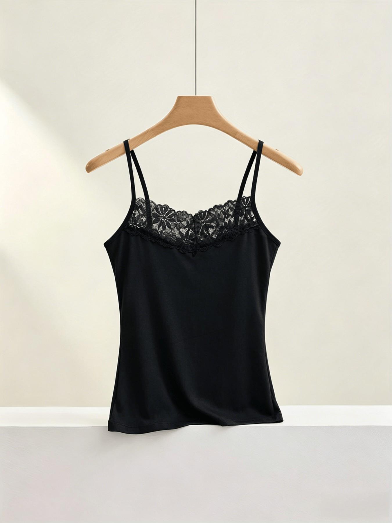 2-PCS Lace V-Neck Spaghetti Strap Camisoles, Soft Smooth Fabric, Slimming Waist Design, Elegant Chic Style, All Seasons Wear, Non-Full Placket, No Button, Tops, Camisole Tank Tops