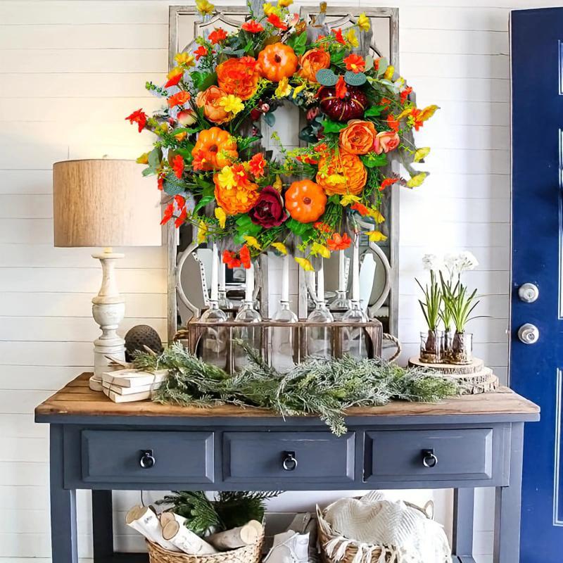 Classic Pumpkin Design Non-Woven Simulated Artificial Wreath (45cm/17.72in) - Lightweight, High-Quality Decoration with Realistic Texture, Bright Color, Strong Durability, Flower Filler for Autumn Front Door, Indoor-Outdoor Home Decor