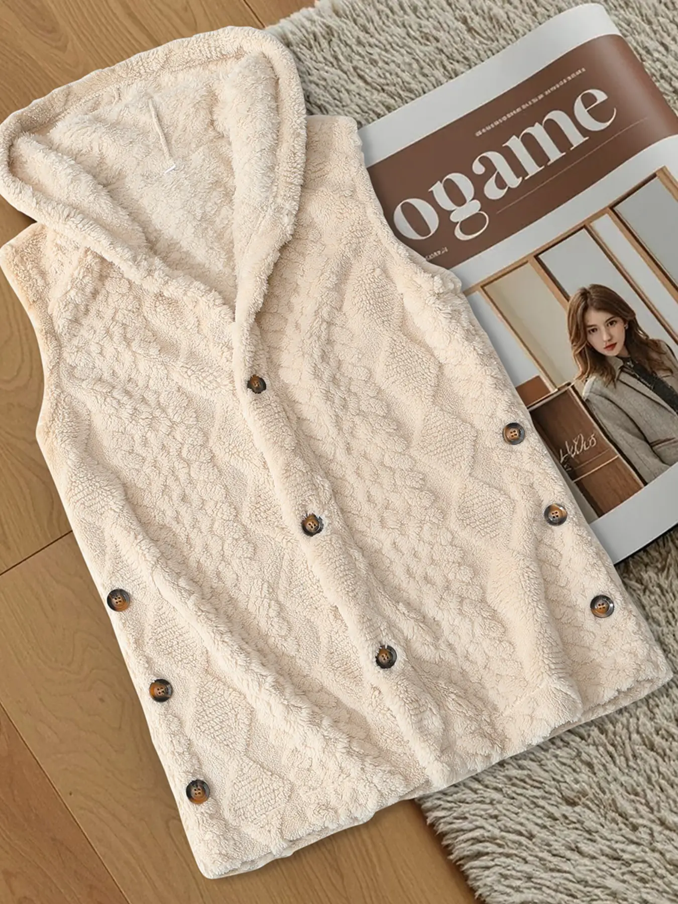 Women Fuzzy Hooded Vest, Sleeveless Button Down Sherpa Fleece Gilet, Casual Loose Fit Fall Clothes, Soft Cozy Winter Layering Vest