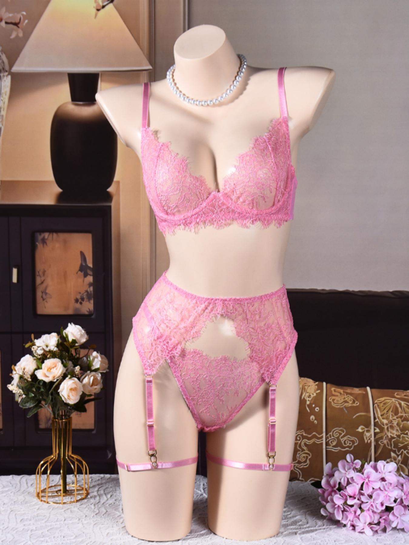 Lovingerie Eyelash Lace Lingerie Set For Women, Strappy Underwire Bra With Sheer Cups, Adjustable Garter Belt, Matching Thong Panty And Leg Garters, Seductive Boudoir Outfit, Curves Flattering Nightwear Sleepwear.Perfectly Highlights Your Feminine Charm.